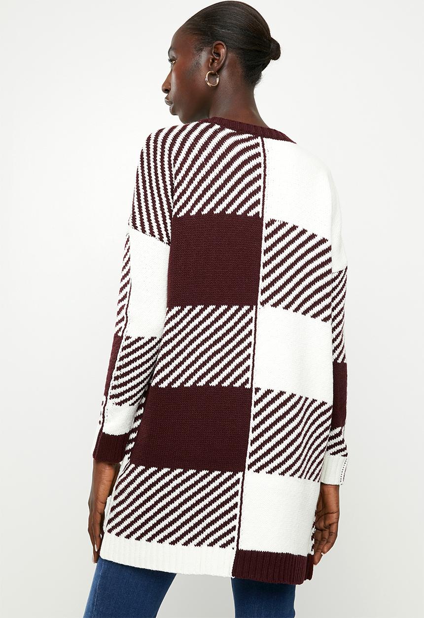ONLY - Kasey long sleeve long cardigan knit - white & burgundy 