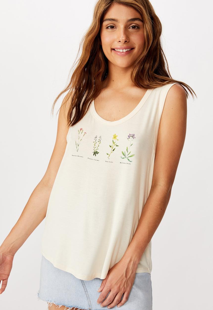 Cotton On - Tbar parker graphic tank top botanicals - beige