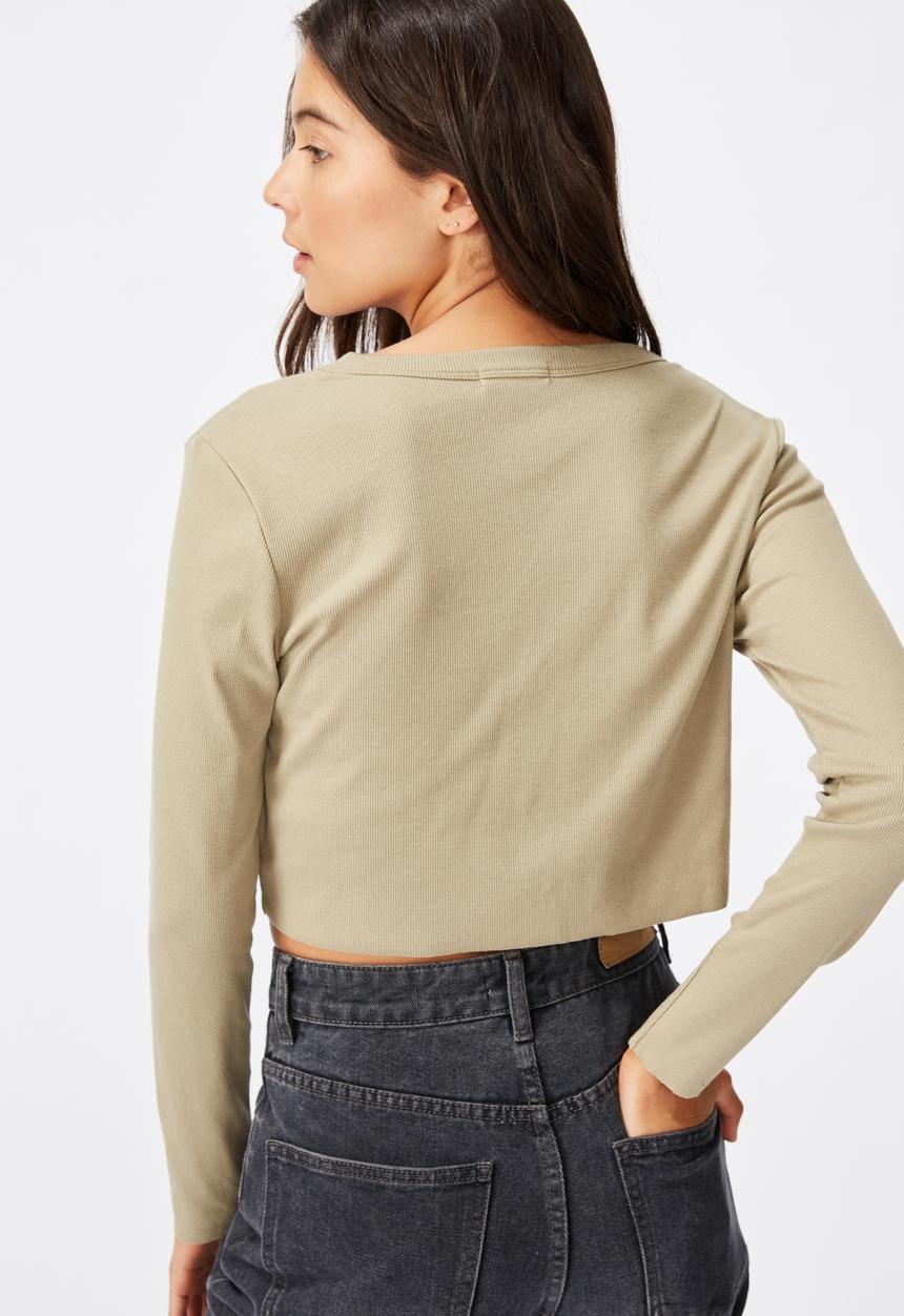 Cotton On - Rhys button through rib henley long sleeve top - silver sage