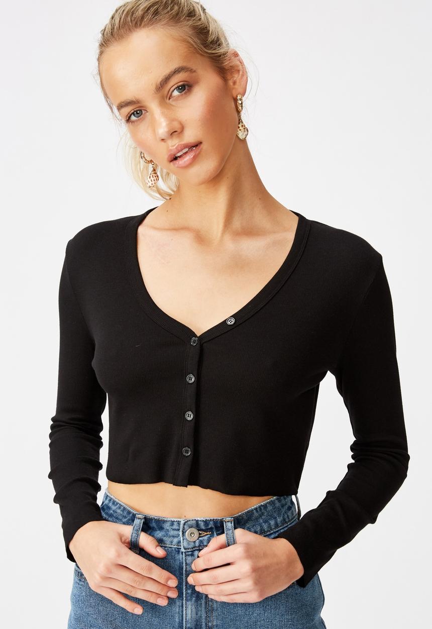 Cotton On - Rhys button through rib henley long sleeve top - black