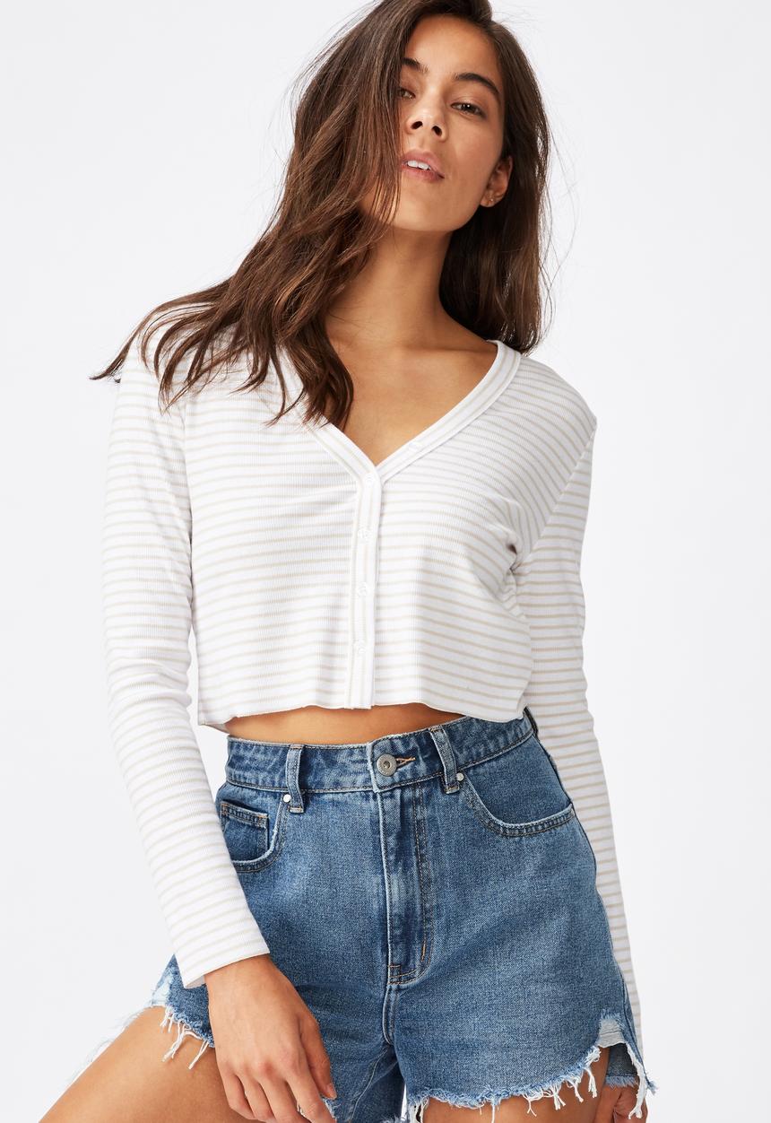 Cotton On - Rhys button through rib henley long sleeve top - white & grey 