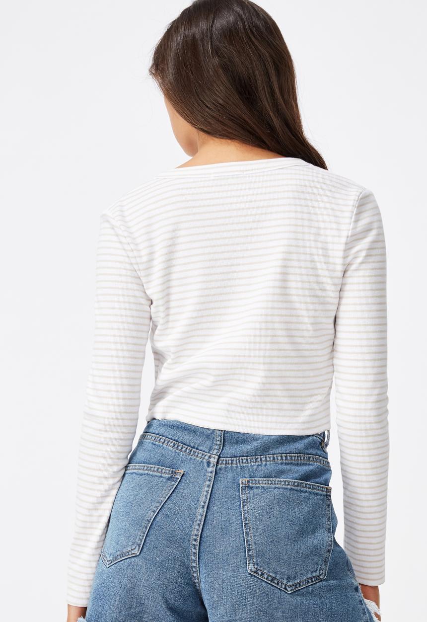Cotton On - Rhys button through rib henley long sleeve top - white & grey 