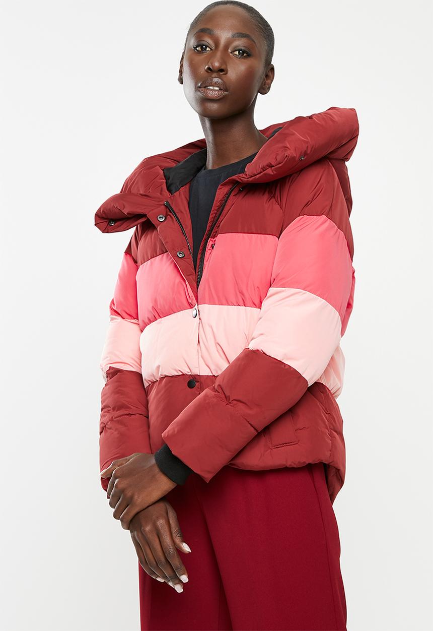 ONLY - Mari blocked padded nylon jacket - pink & burgundy 