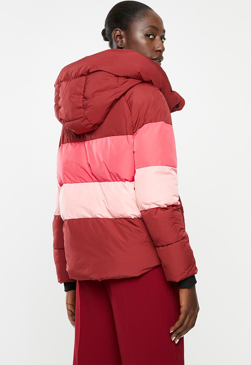 ONLY - Mari blocked padded nylon jacket - pink & burgundy 