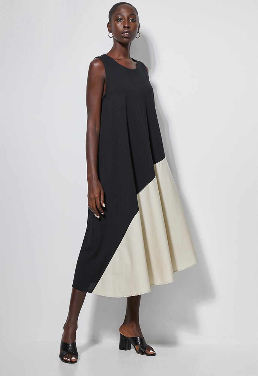 Superbalist - Combo fabric A-line dress- black & stone