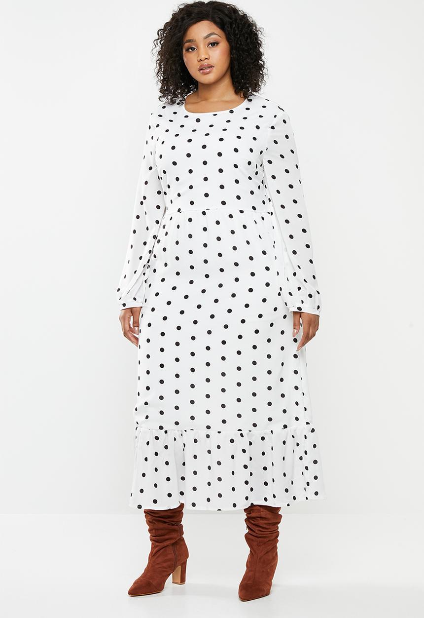 Missguided - Plus polka dot ruffle hem midi smock dress - white & black
