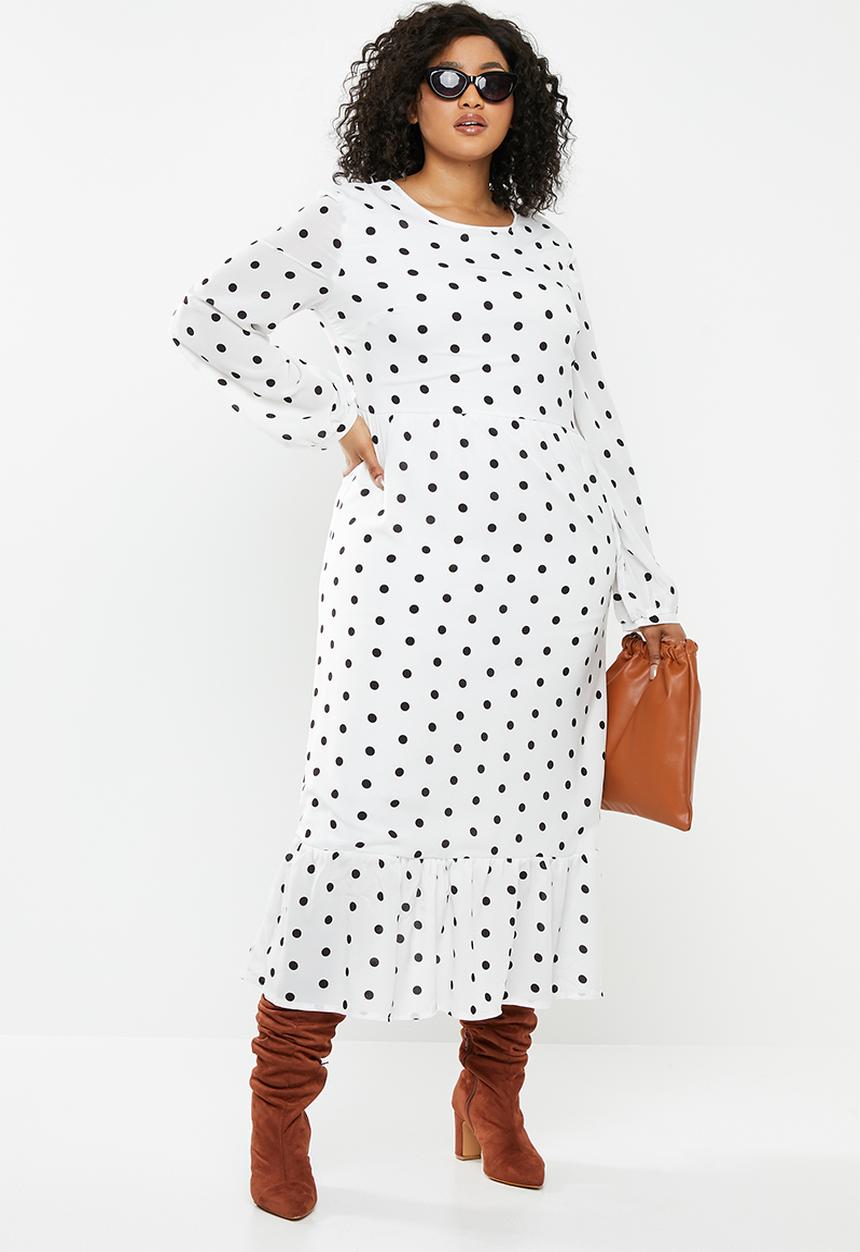 Missguided - Plus polka dot ruffle hem midi smock dress - white & black