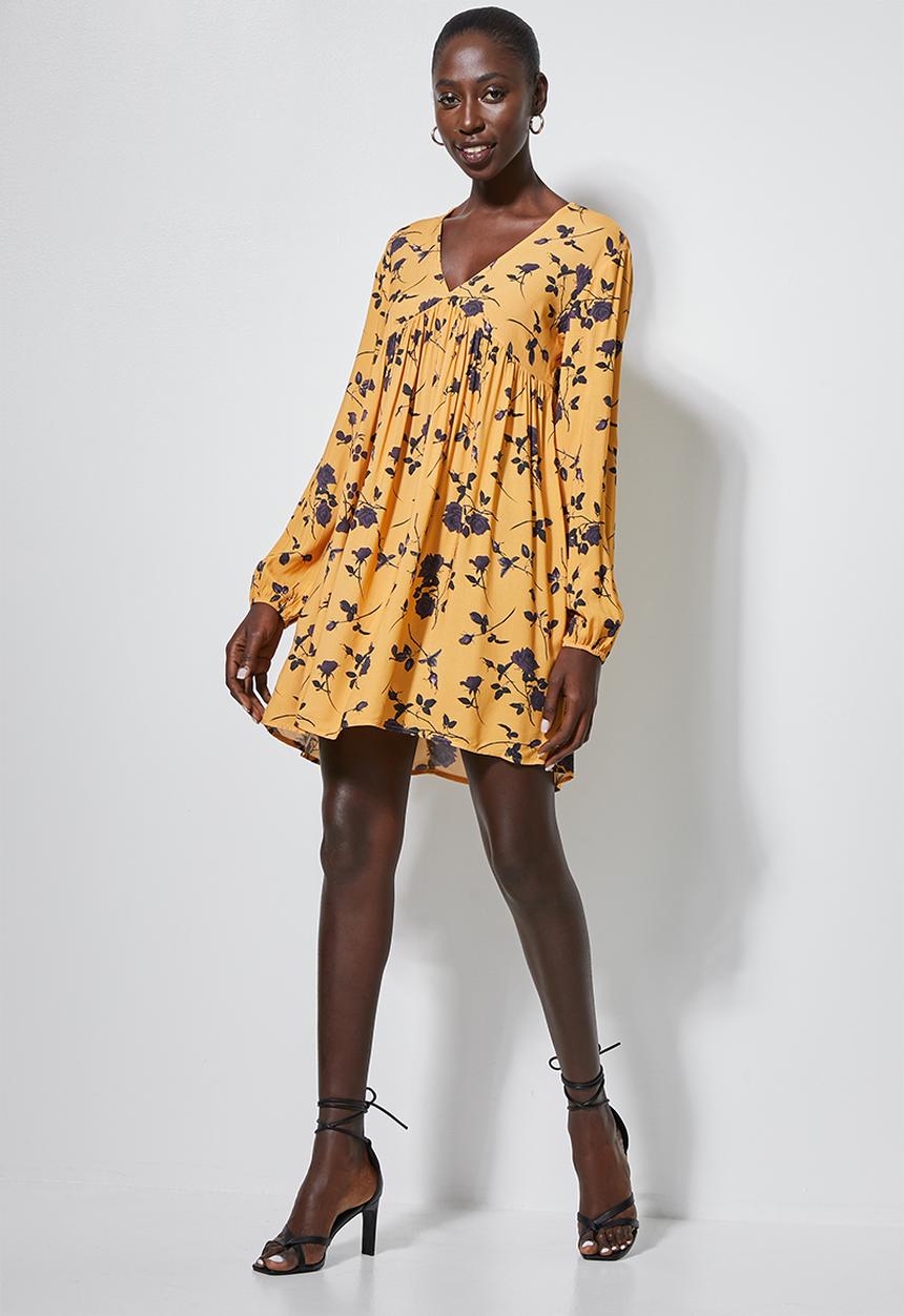 Superbalist - V-neck swing dress - mustard floral