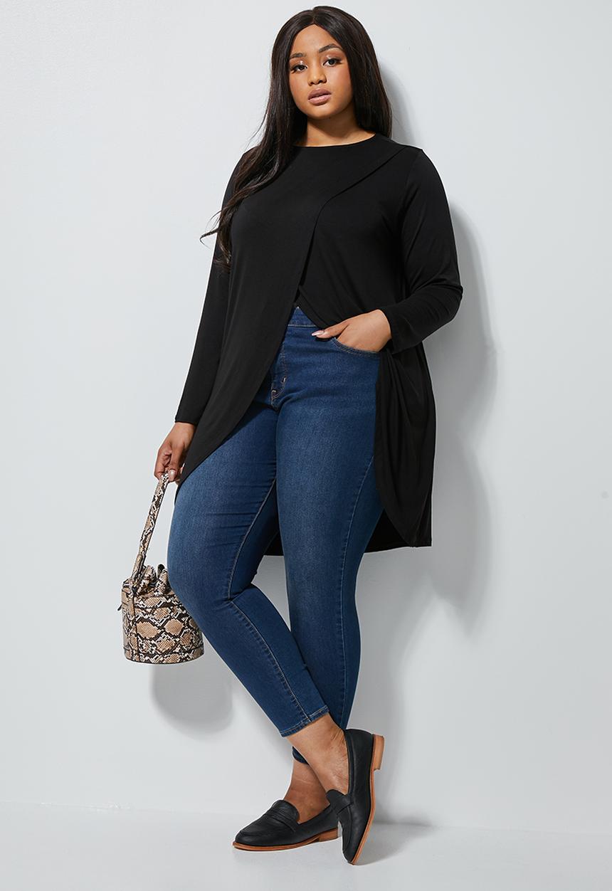 edit Plus - Long sleeve mock wrap top - black