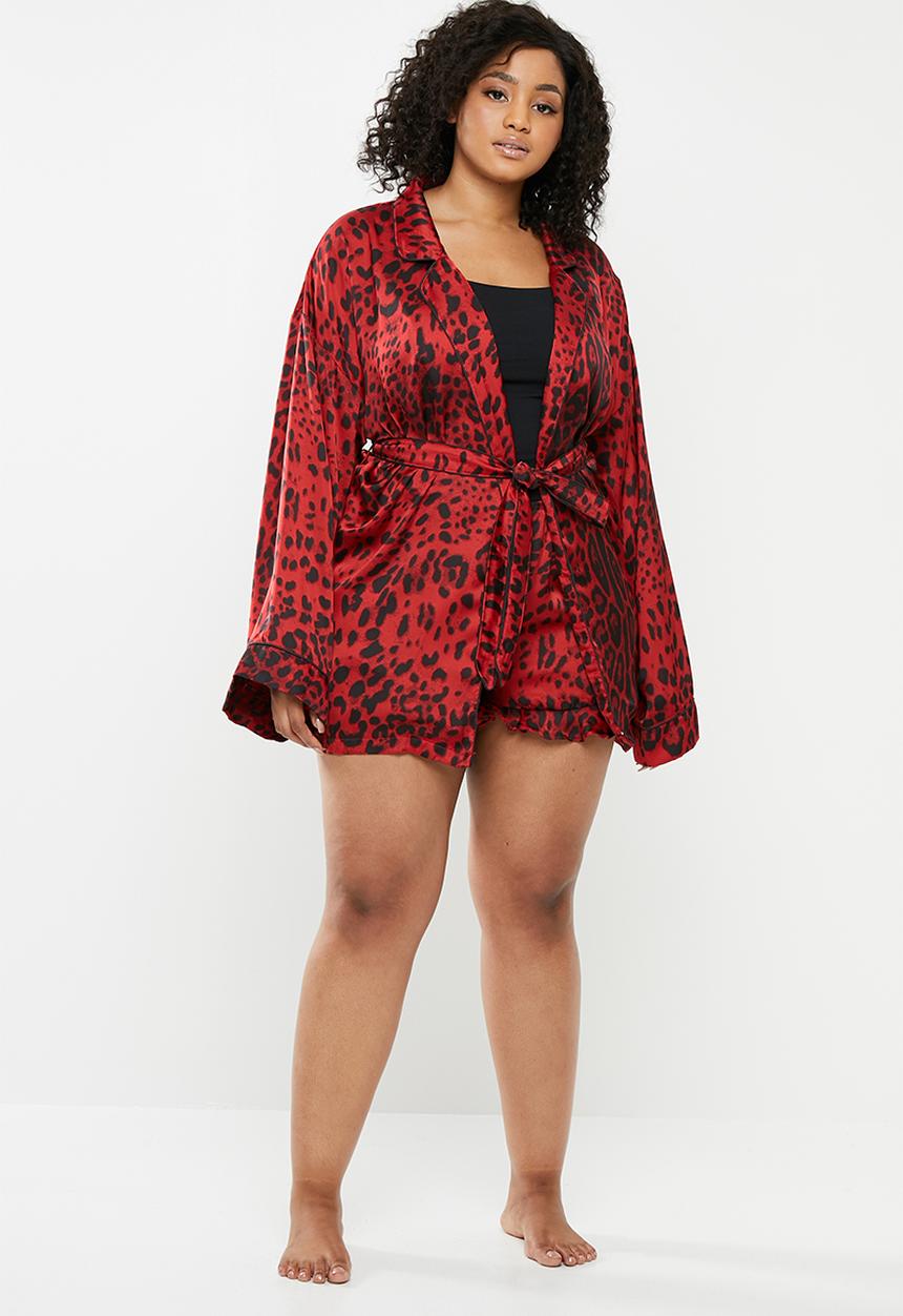 Missguided - Curve leopard print satin kimono sleeve dress - red & black
