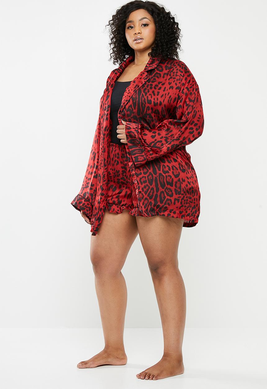 Missguided - Curve leopard print satin kimono sleeve dress - red & black