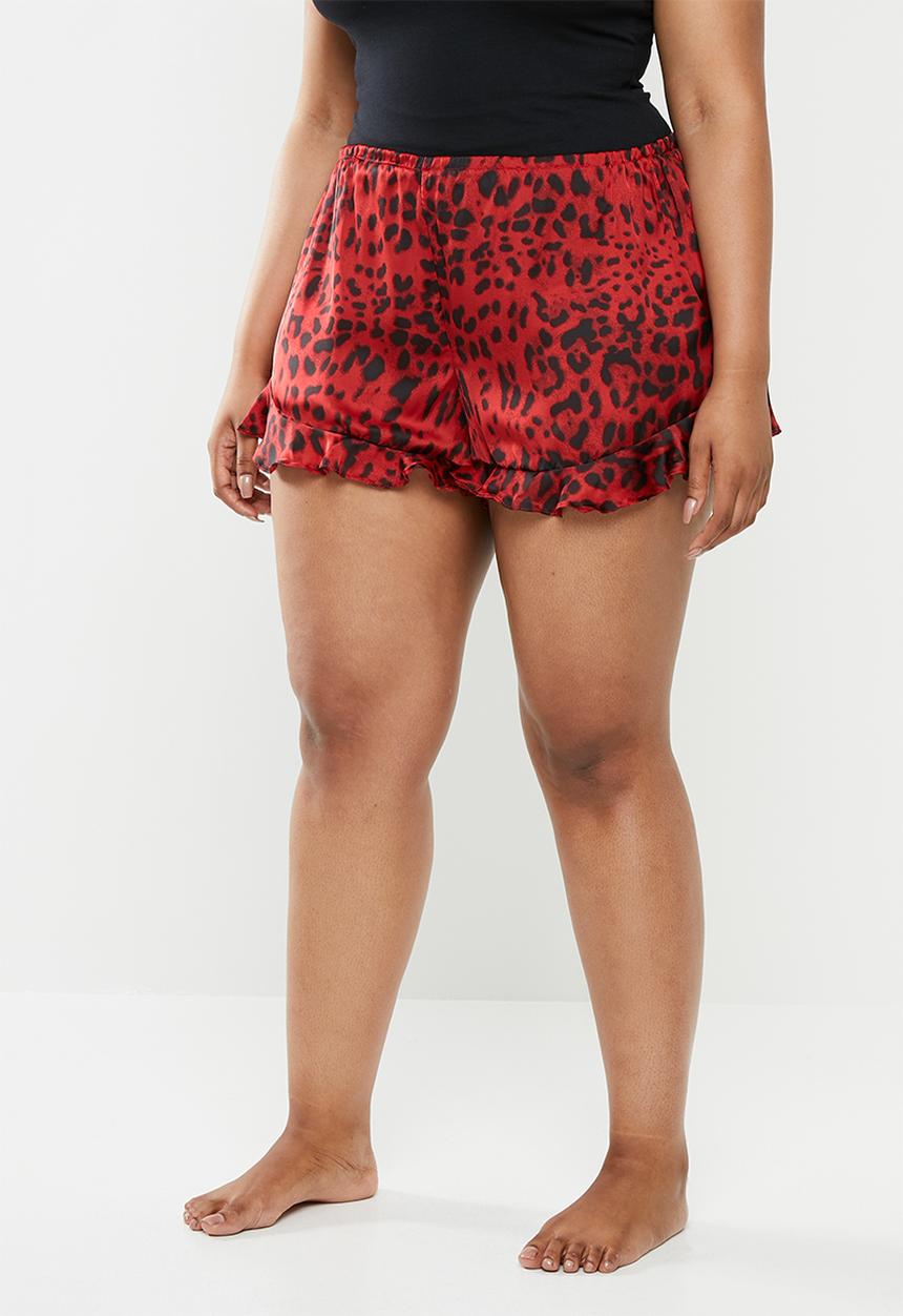 Missguided - Curve leopard print satin frill pj shorts - red & black