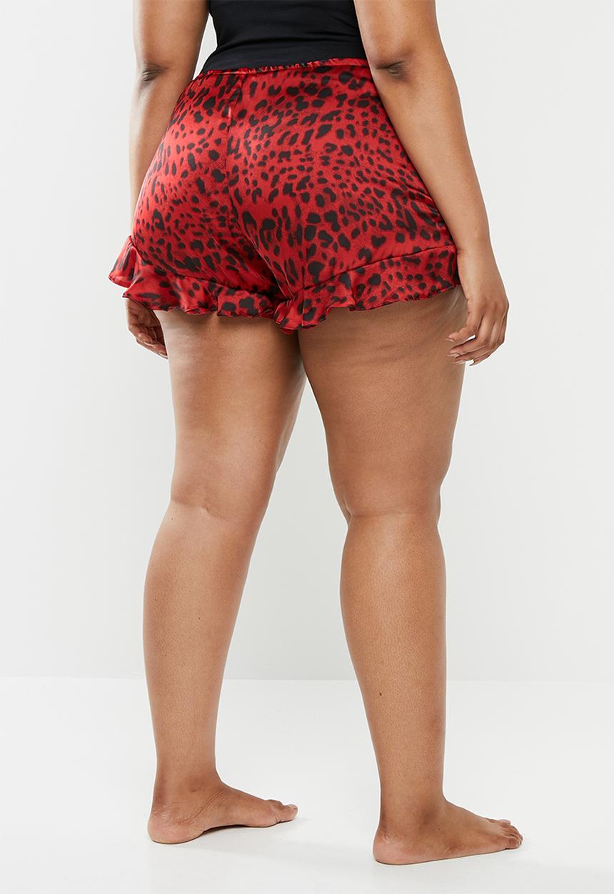 Missguided - Curve leopard print satin frill pj shorts - red & black