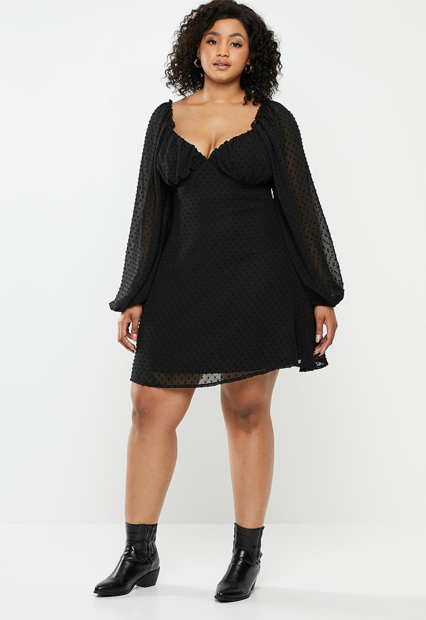 Missguided - Curve dobby milkmaid long sleeve aline dress - black
