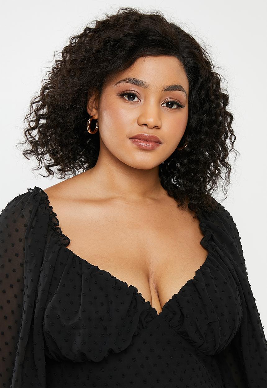 Missguided - Curve dobby milkmaid long sleeve aline dress - black