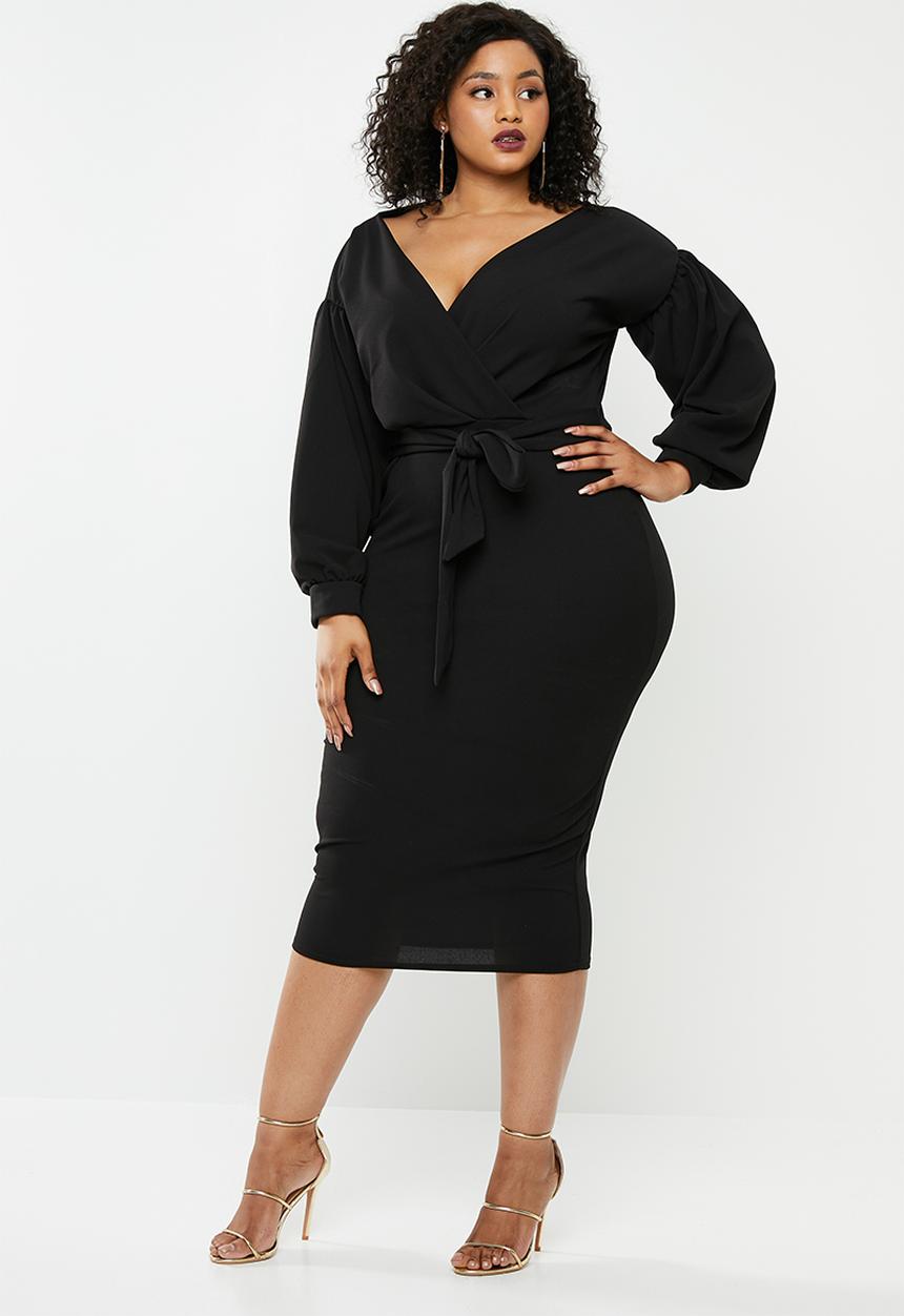 Missguided - Plus long sleeve wrap belted midi dress - black 