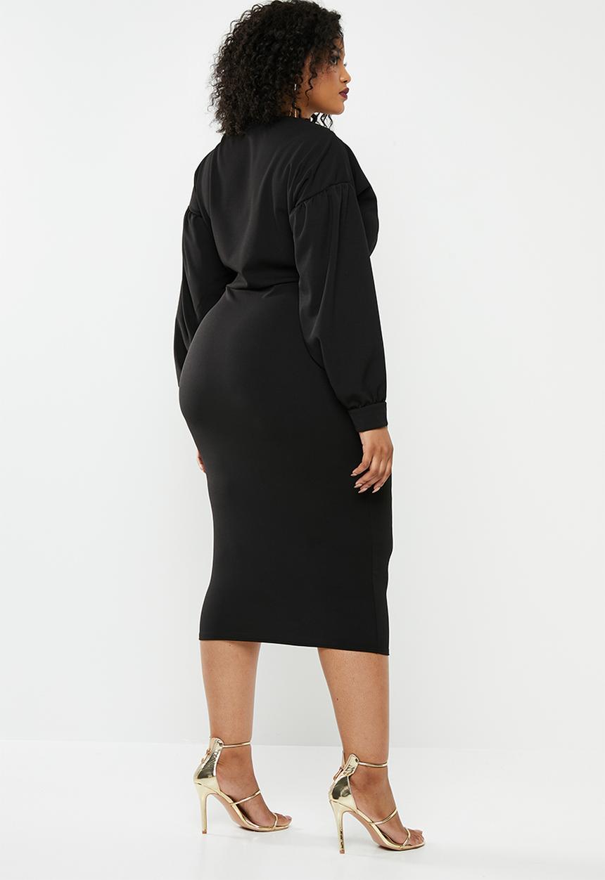 Missguided - Plus long sleeve wrap belted midi dress - black 