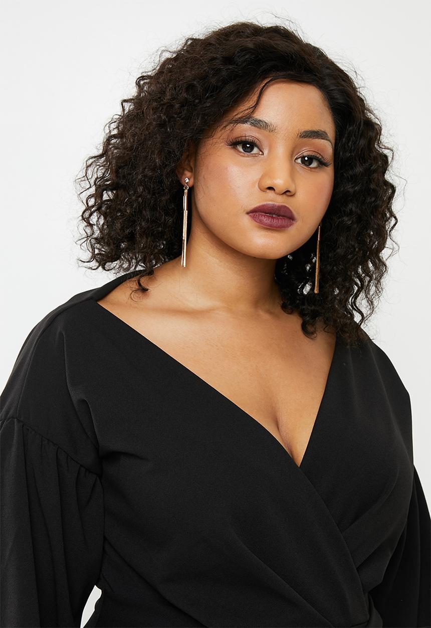 Missguided - Plus long sleeve wrap belted midi dress - black 