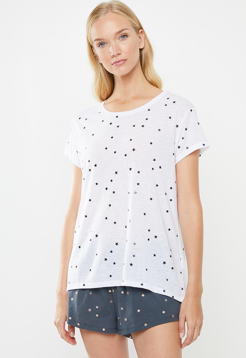 Cotton On - Dreamy sleep T-shirt scattered stars - white & black