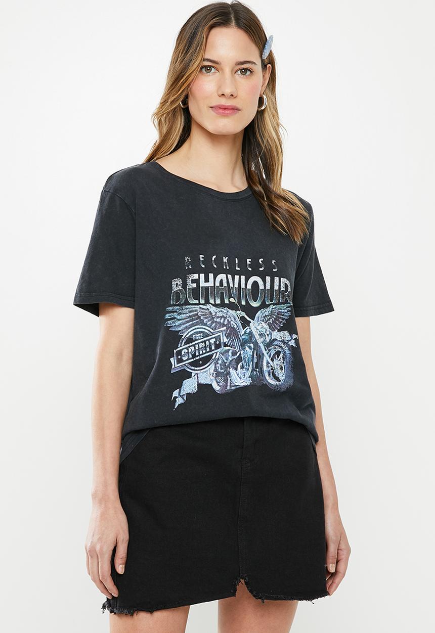 Factorie - Relaxed graphic T-shirt reckless behaviour - black