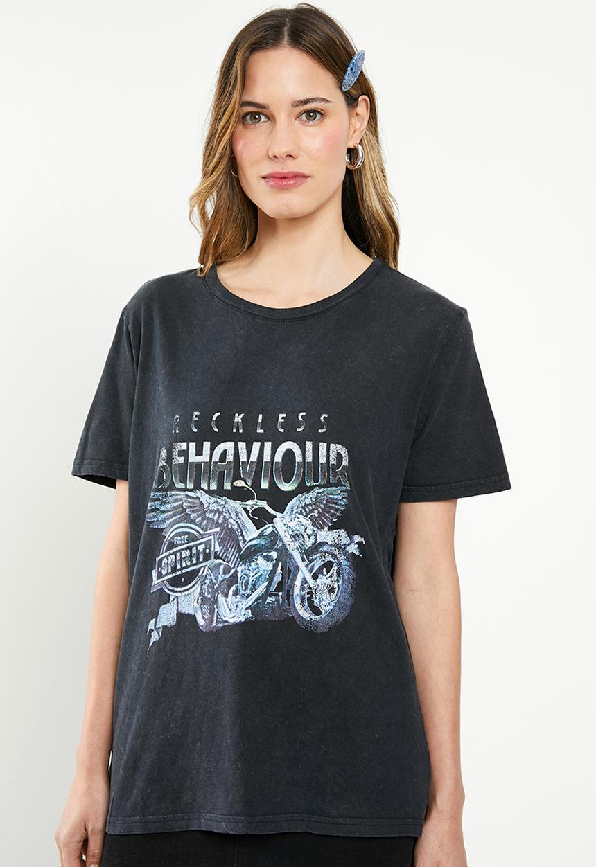 Factorie - Relaxed graphic T-shirt reckless behaviour - black