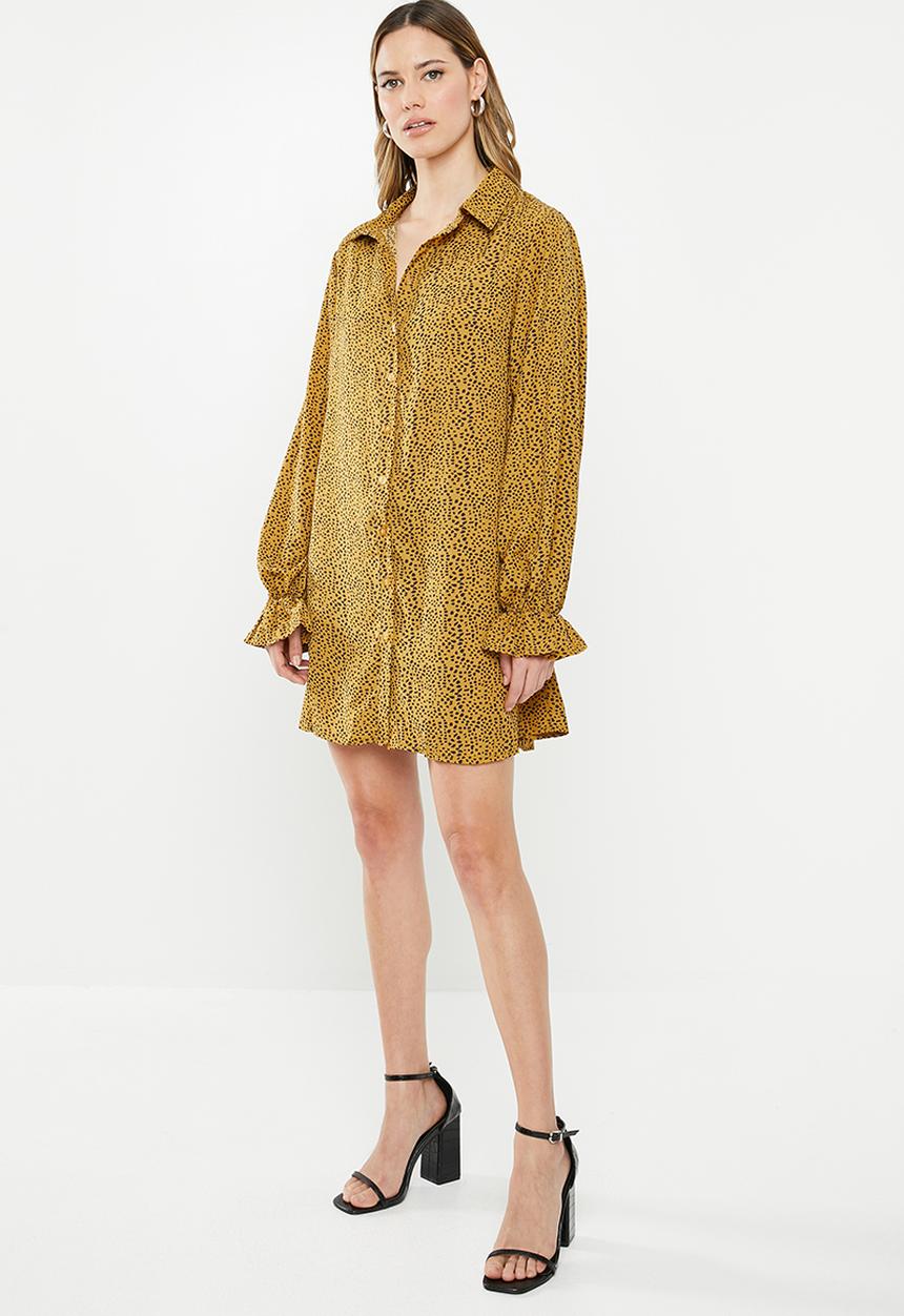 Missguided - Frill cuff shirt dress dalmation -  mustard
