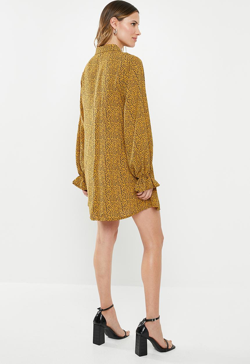 Missguided - Frill cuff shirt dress dalmation -  mustard