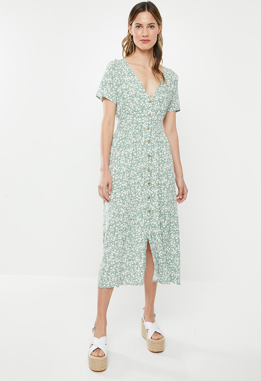 Cotton On - Woven clover short sleeve midi dress - green & white