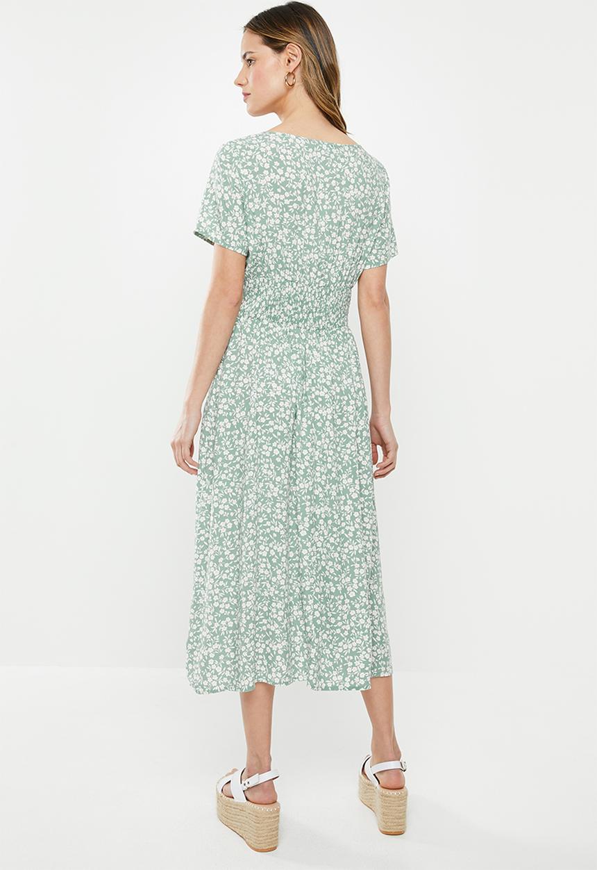 Cotton On - Woven clover short sleeve midi dress - green & white