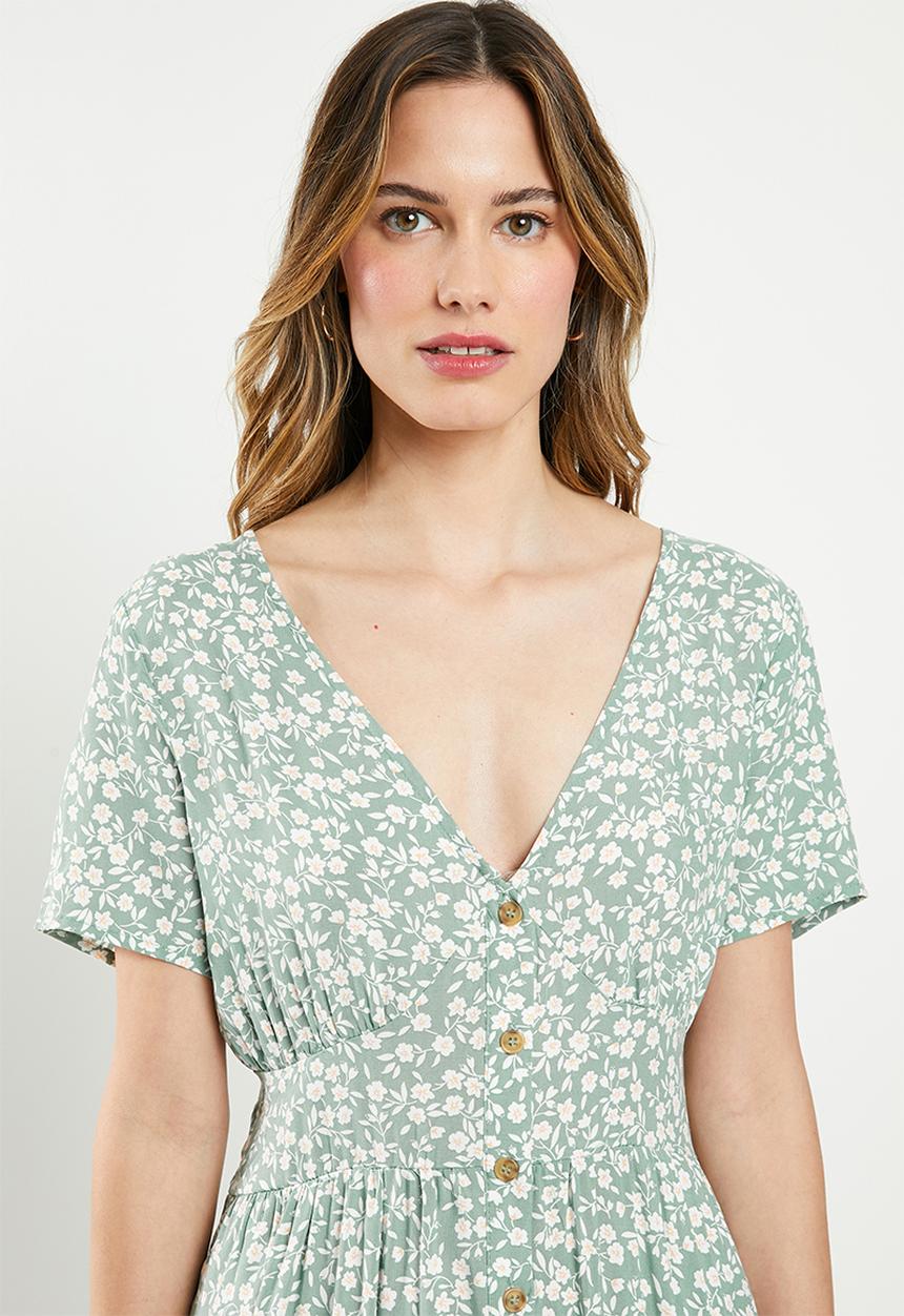 Cotton On - Woven clover short sleeve midi dress - green & white