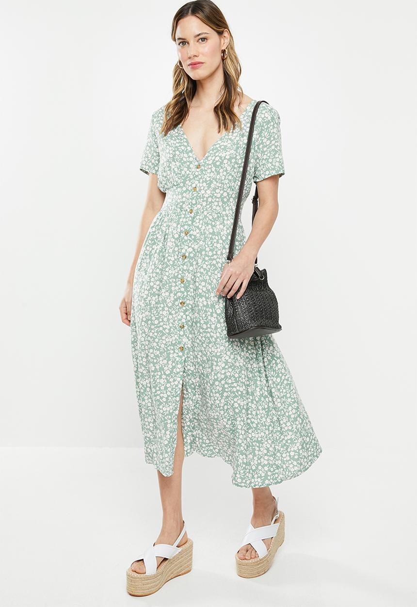 Cotton On - Woven clover short sleeve midi dress - green & white