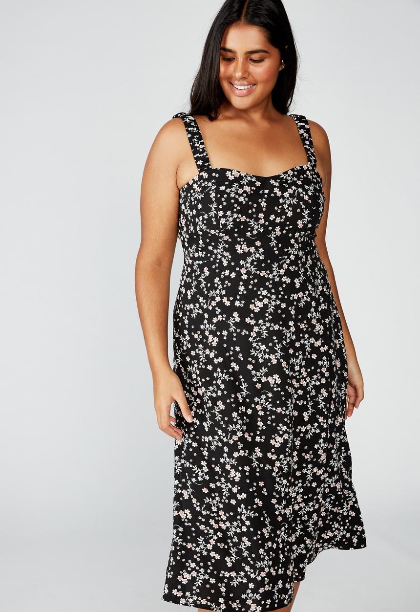 Cotton On - Curve woven melanie midi slip dress millie floral - black & white 