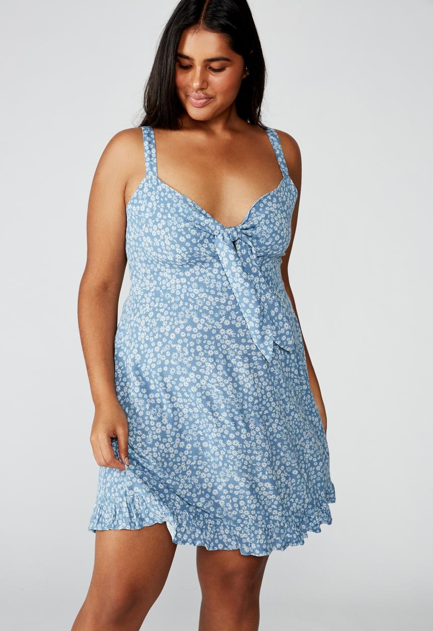 Cotton On - Curve woven Kiara tie front mini dress Frankie daisy - blue & white 