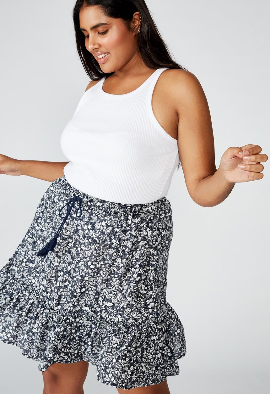 Cotton On - Curve north tiered mini skirt blair floral paisley - navy & white 