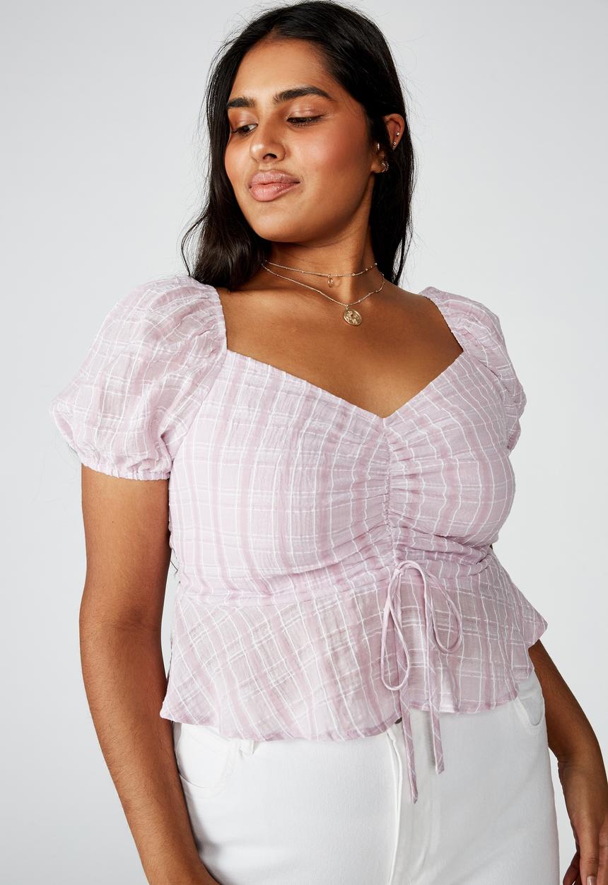 Cotton On - Curve lily rouched short sleeve top clair check - purple