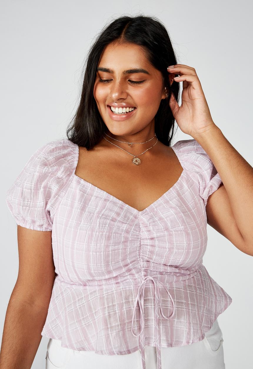 Cotton On - Curve lily rouched short sleeve top clair check - purple