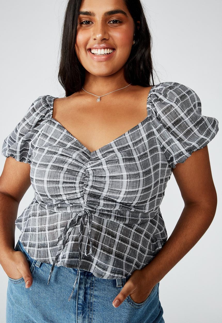 Cotton On - Curve lily rouched short sleeve top clair check - grey & black
