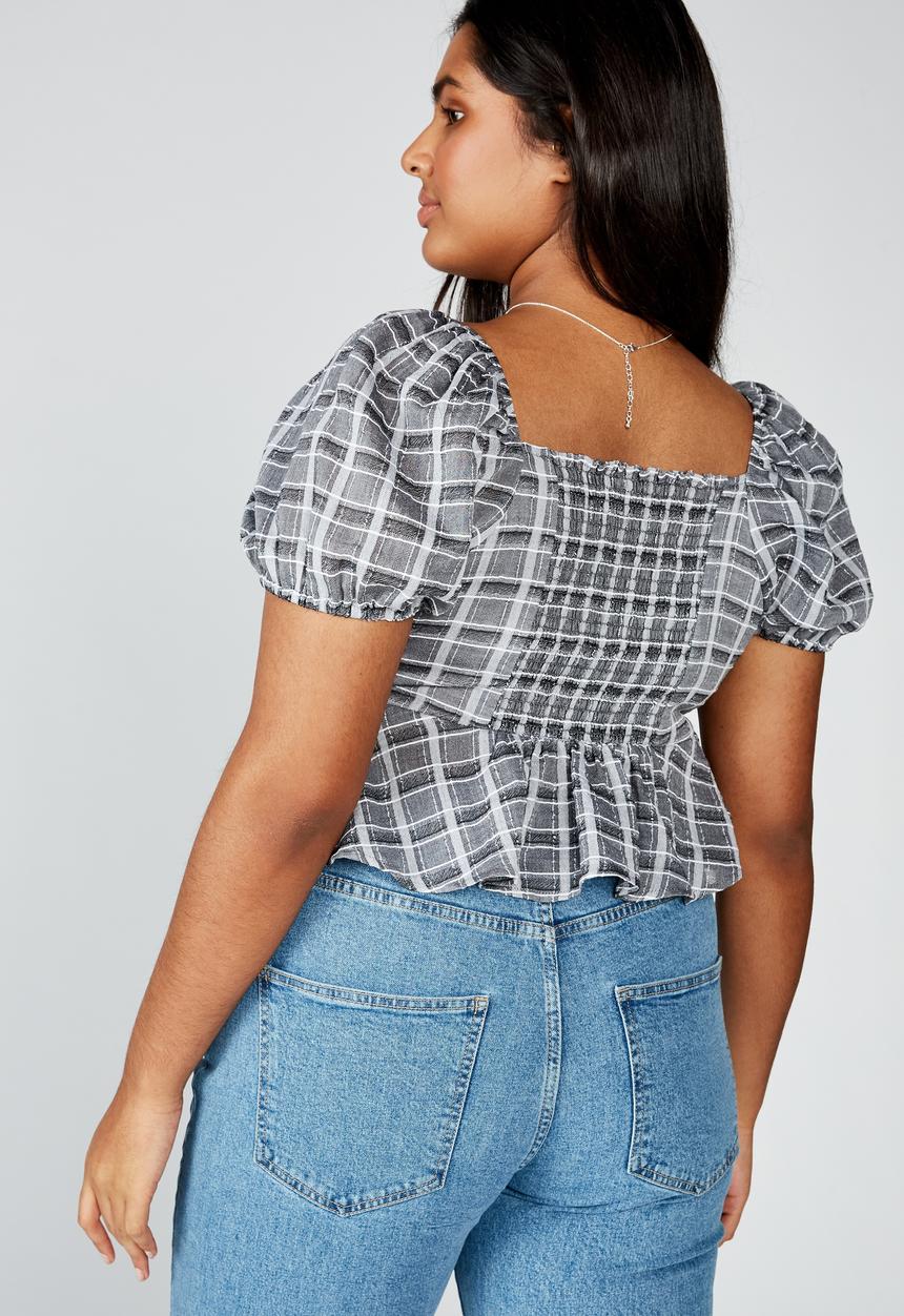 Cotton On - Curve lily rouched short sleeve top clair check - grey & black