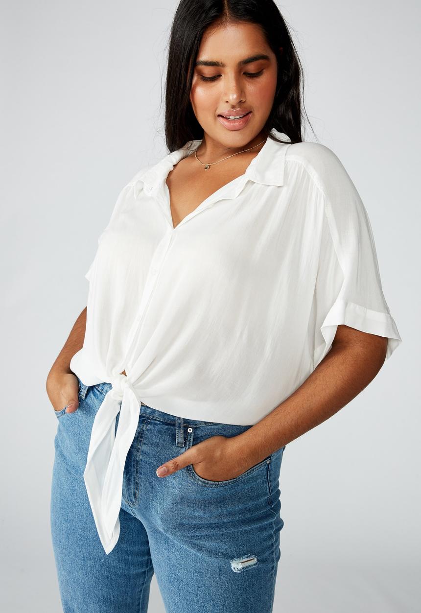 Cotton On - Curve epic tie front short sleeve shirt - white