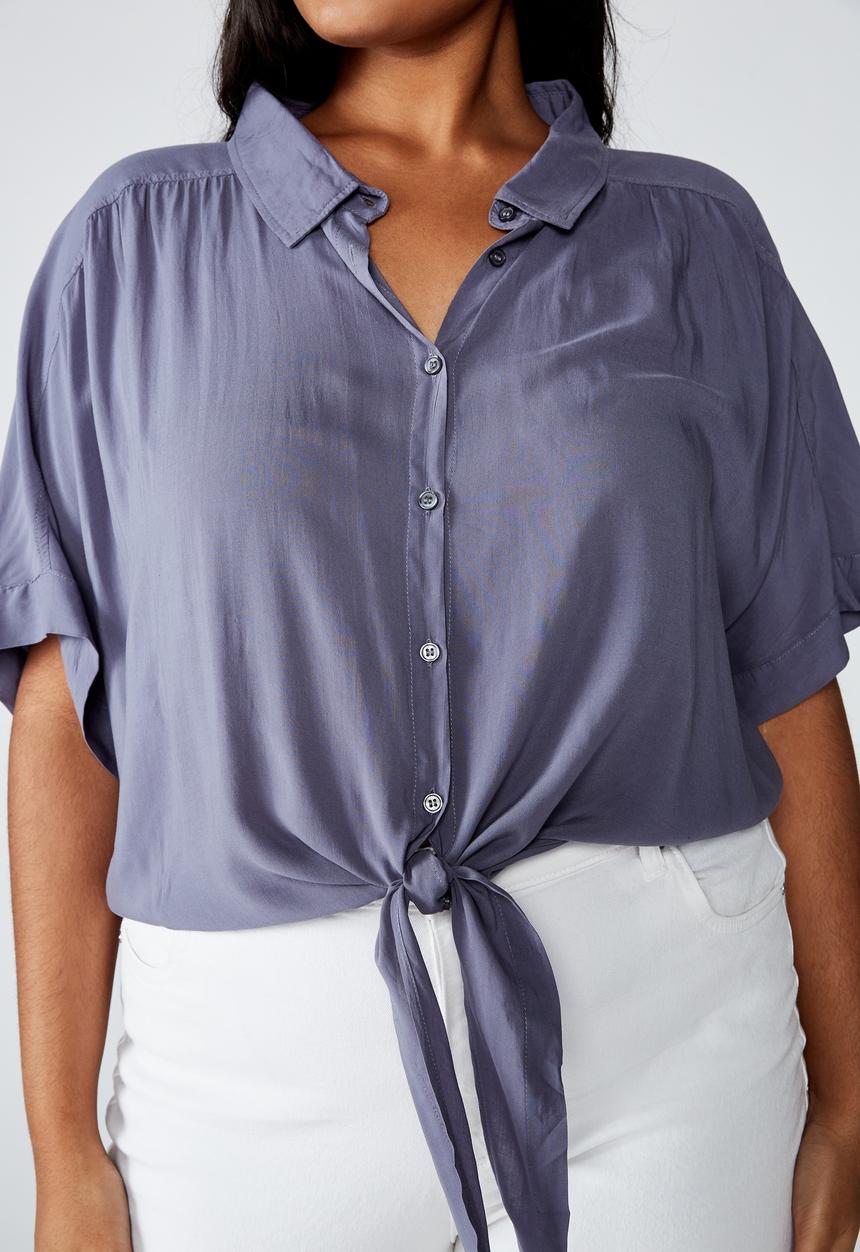 Cotton On - Curve epic tie front short sleeve shirt - purple 