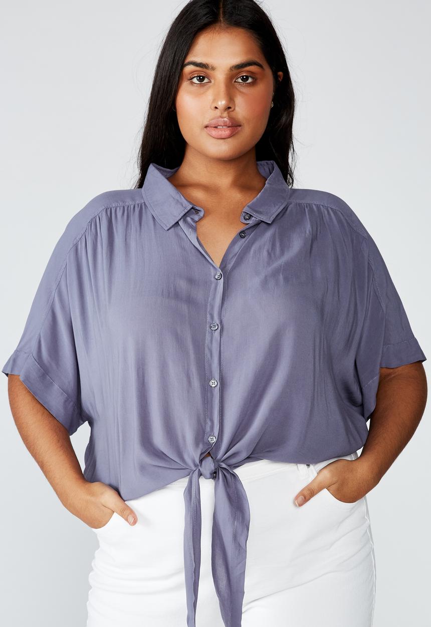 Cotton On - Curve epic tie front short sleeve shirt - purple 