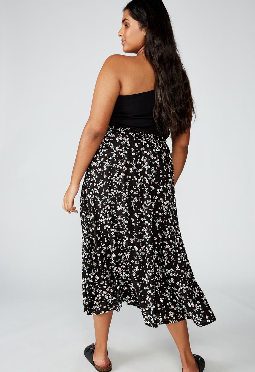Cotton On - Curve botanical midi skirt millie floral - black & white