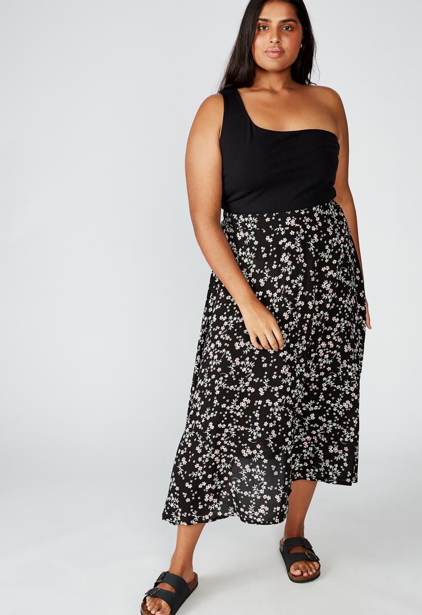 Cotton On - Curve botanical midi skirt millie floral - black & white