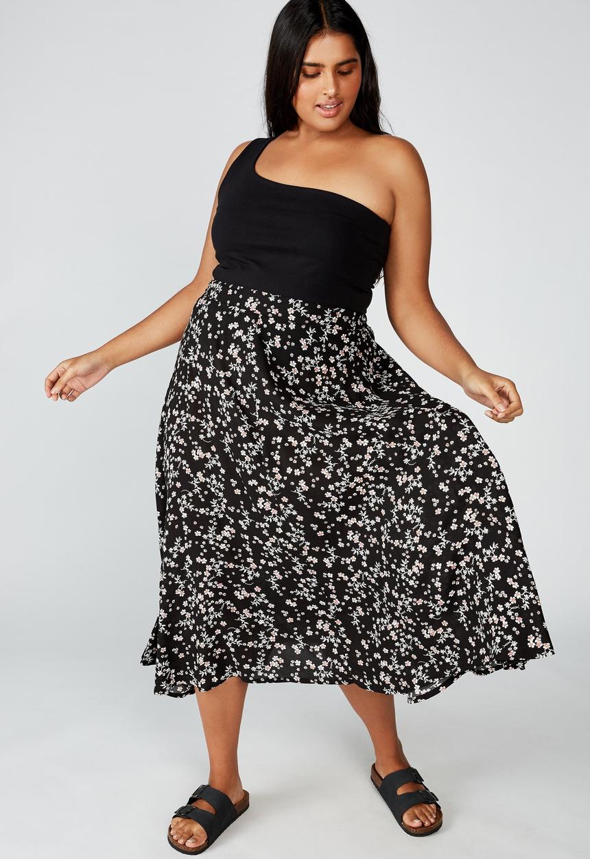 Cotton On - Curve botanical midi skirt millie floral - black & white