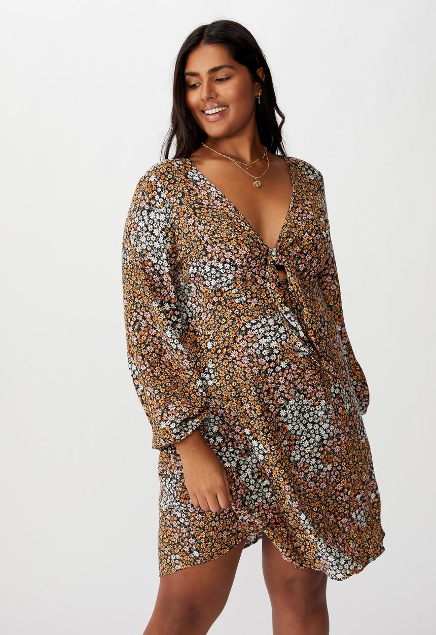 Cotton On - Curve woven Alena tie front mini dress mandy multi ditsy - multi