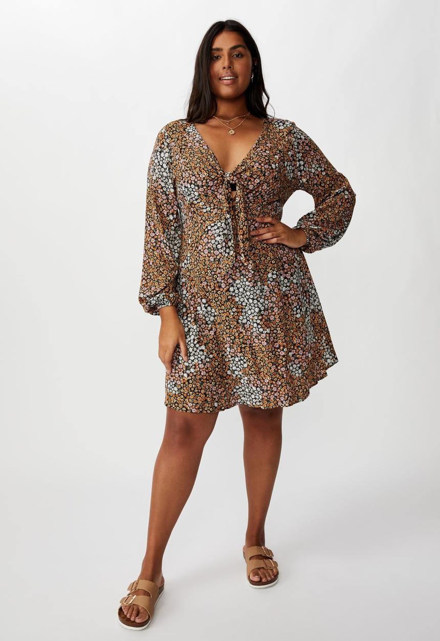Cotton On - Curve woven Alena tie front mini dress mandy multi ditsy - multi