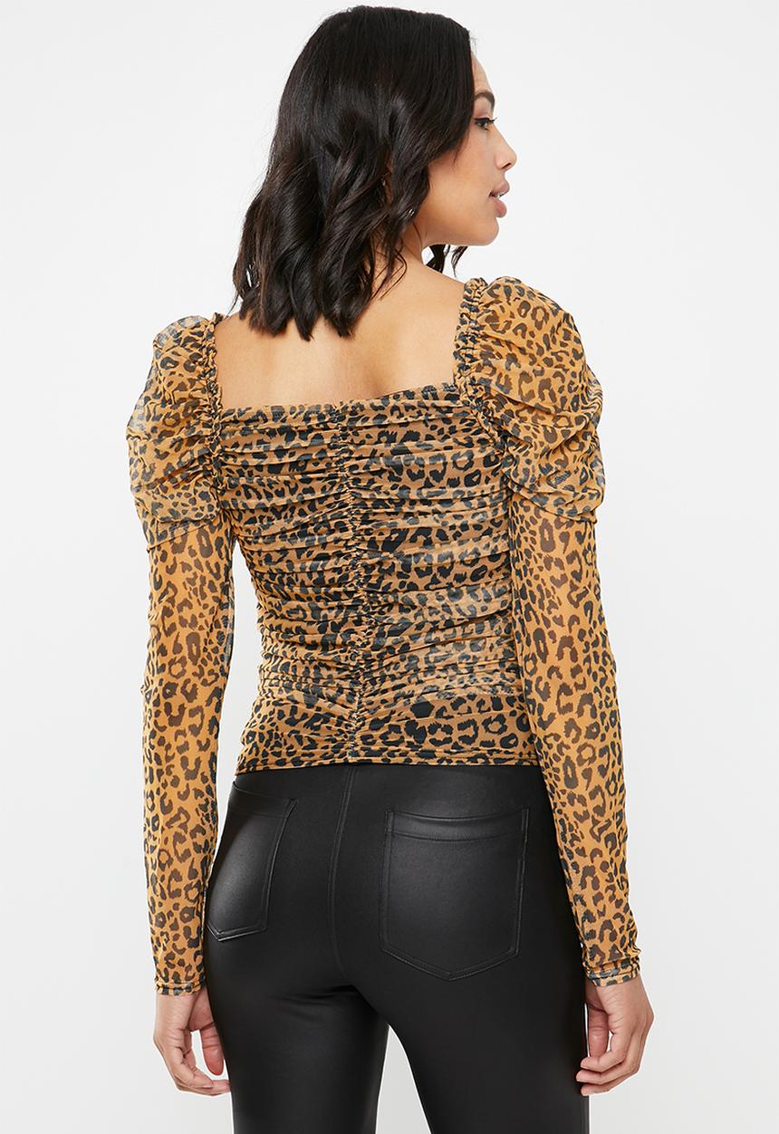 Missguided - Mesh ruched corset puff top - brown & black