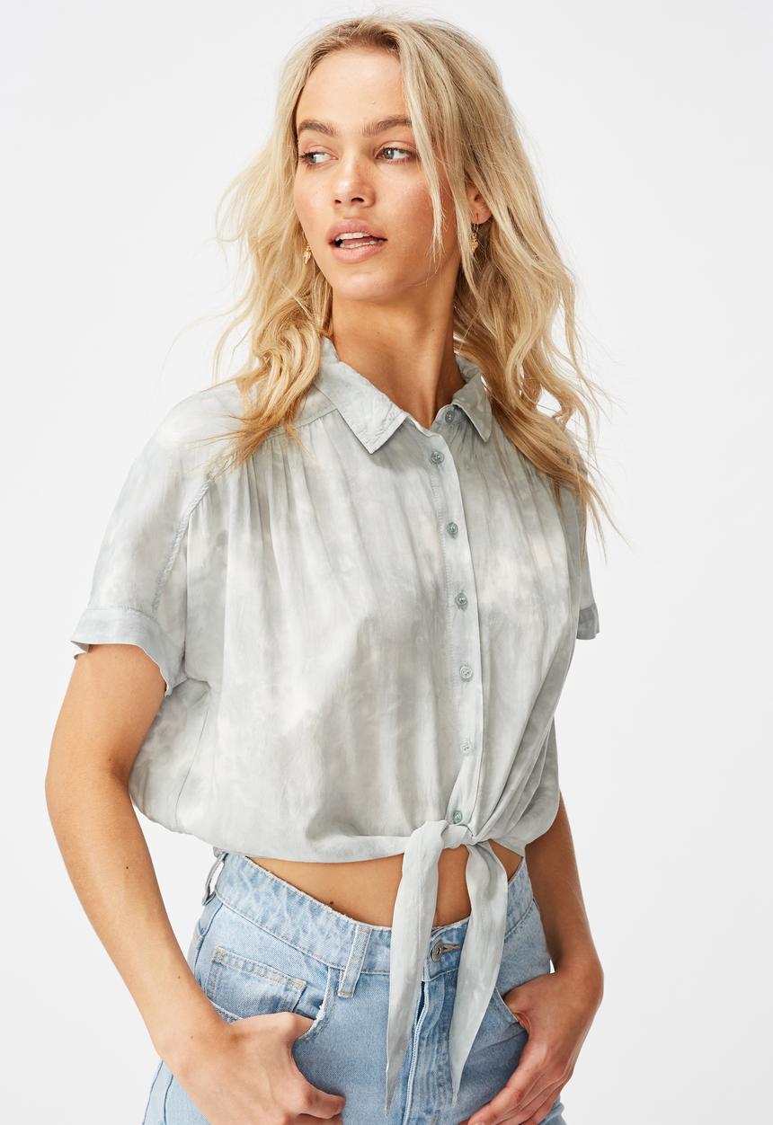 Cotton On - Epic tie front short sleeve shirt - washed cloud blue