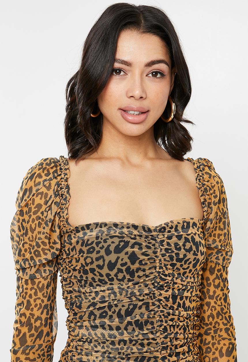 Missguided - Mesh ruched corset puff top - brown & black