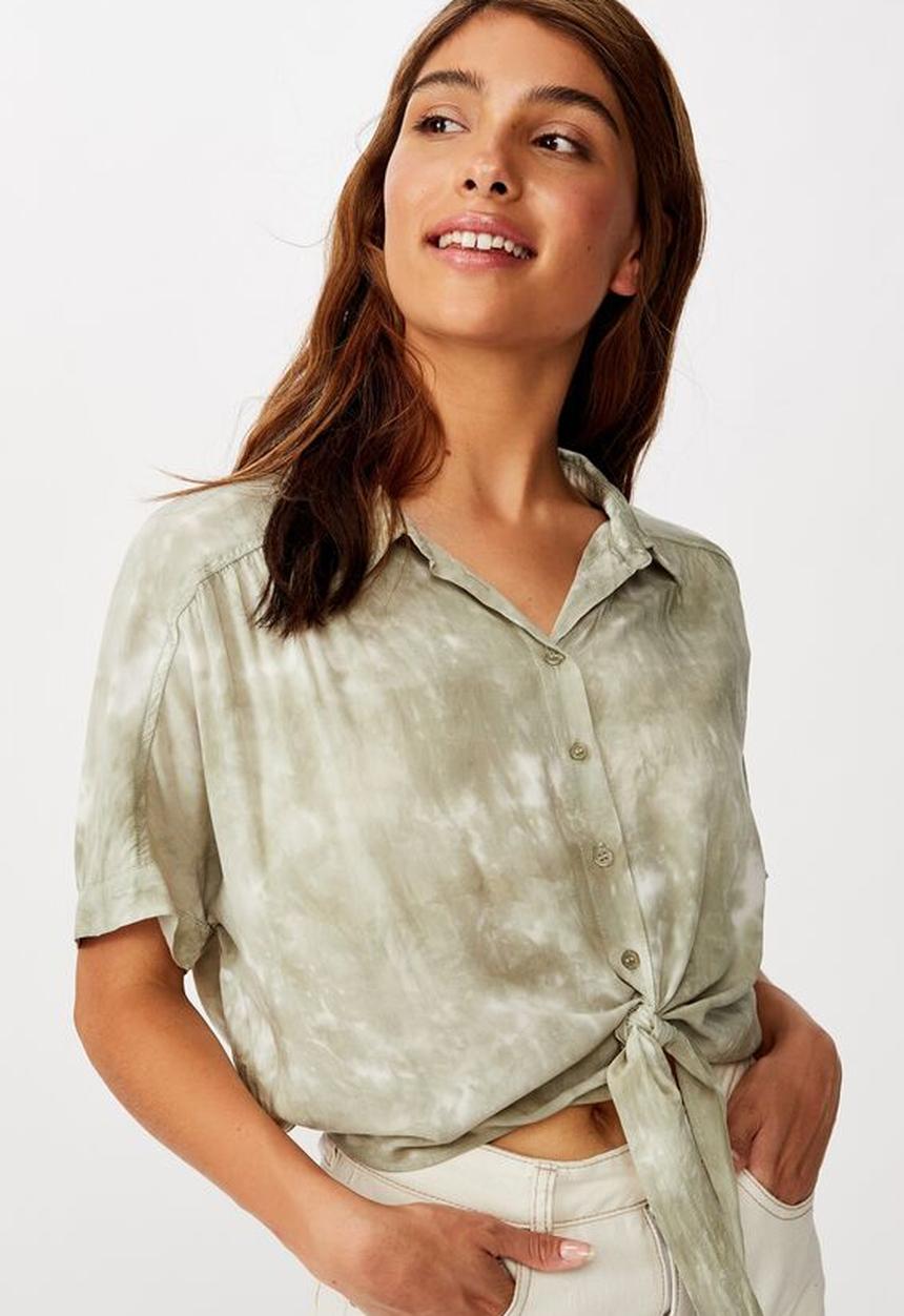 Cotton On - Epic tie front short sleeve shirt - khaki